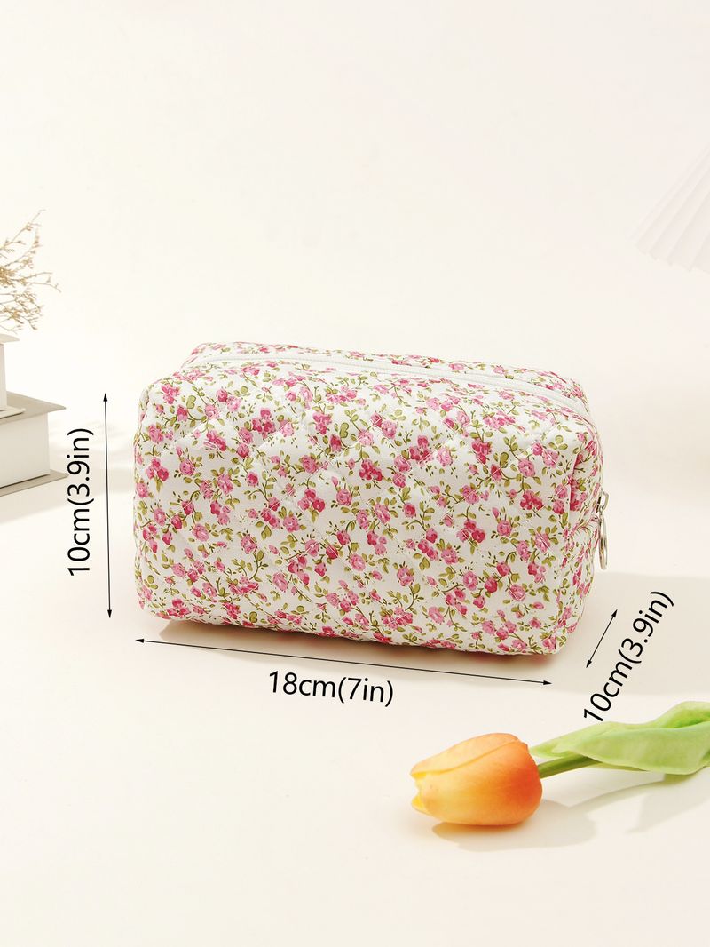 Borsa cosmetica in cotone con motivo floreale, piccola, trapuntata, da viaggio, in cotone, con interno antivento_voghion.com