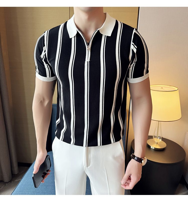 Herren-Poloshirt mit halbem Reißverschluss und Kontraststreifen – Leicht und atmungsaktiv für den Sommer | Schmales Reversdesign | Eleganter Stil_voghion.com