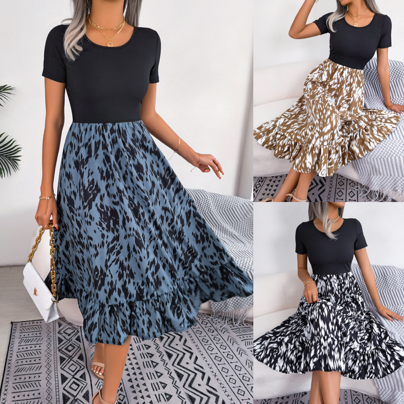 Vestido casual de comprimento médio com babados e estampa de leopardo, moda feminina, primavera-verão_voghion.com