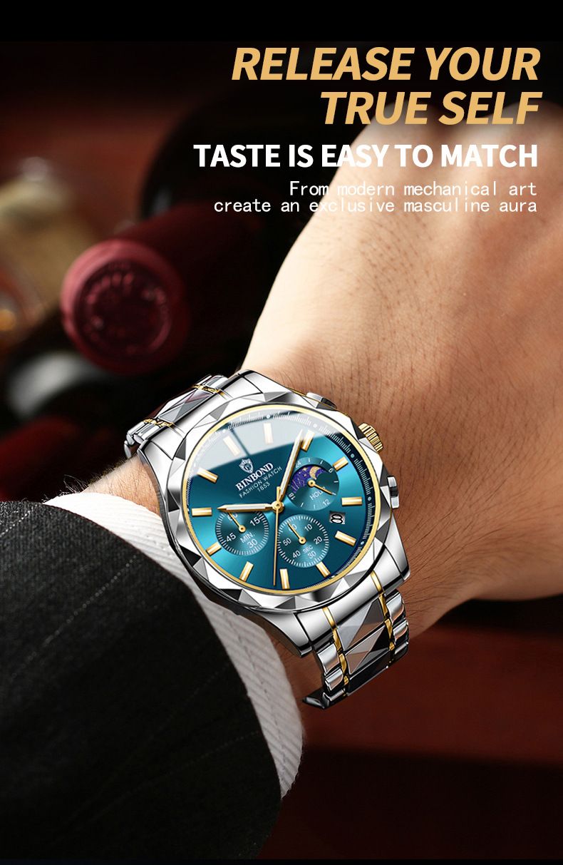 Men's Luxury Stainless Steel Quartz Watch With Butterfly Clasp, Multi-Function Calendar, Waterproof & Night Light, Elegant Business Wristwatch Quartz_voghion.com