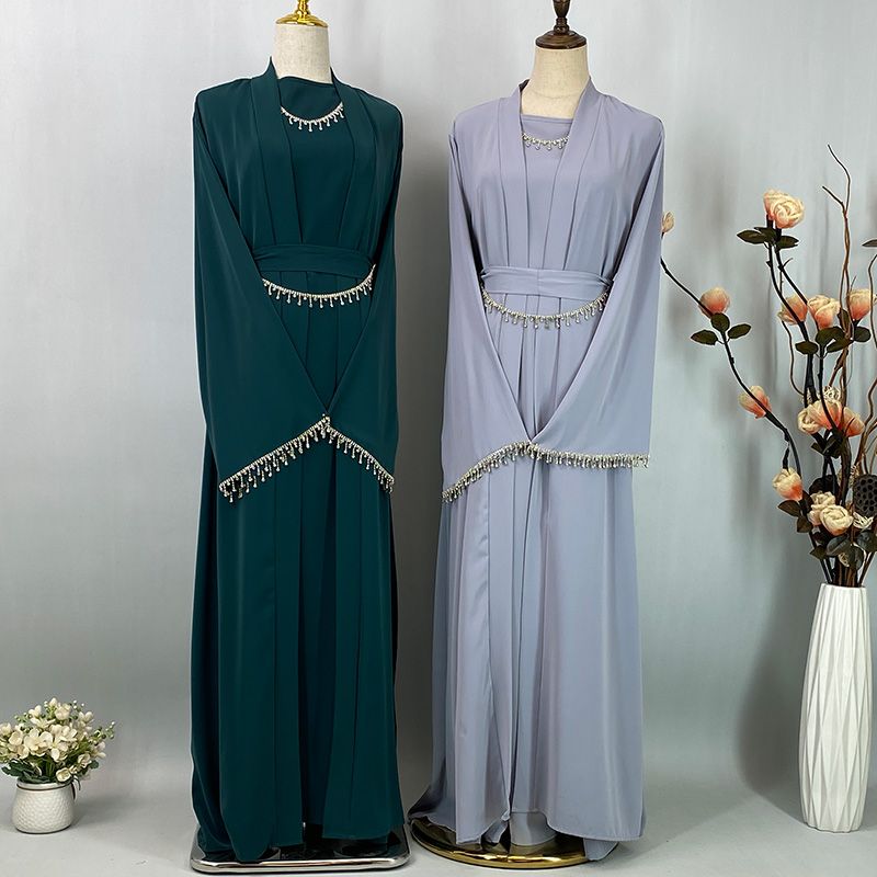 Ramazan Nida Müslüman Seti Çıkarılabilir Zincir Abaya Fas Düğün Kaftan Afrika Siyah Elbise Dubai Uzun Kadın Abiye Kaftan_voghion.com