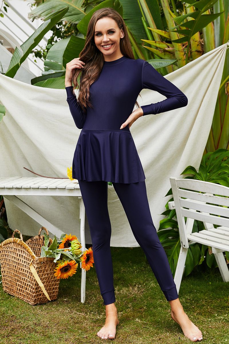 Pantaloni a maniche lunghe tinta unita, costume da bagno arabo intero, costume da bagno conservatore da spiaggia e surf, con protezione solare, completamente circondato_voghion.com