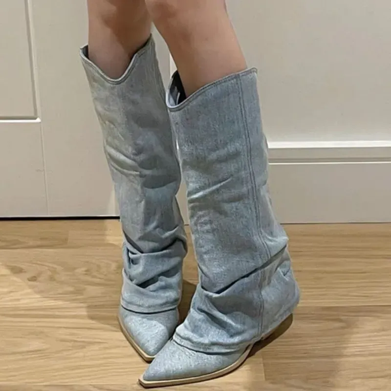 Pleats Blue Denim Thigh High For Women 2024 Spring Thick Heeled Pointed Toe Cowboy Woman Slip On Western Long Boots_voghion.com