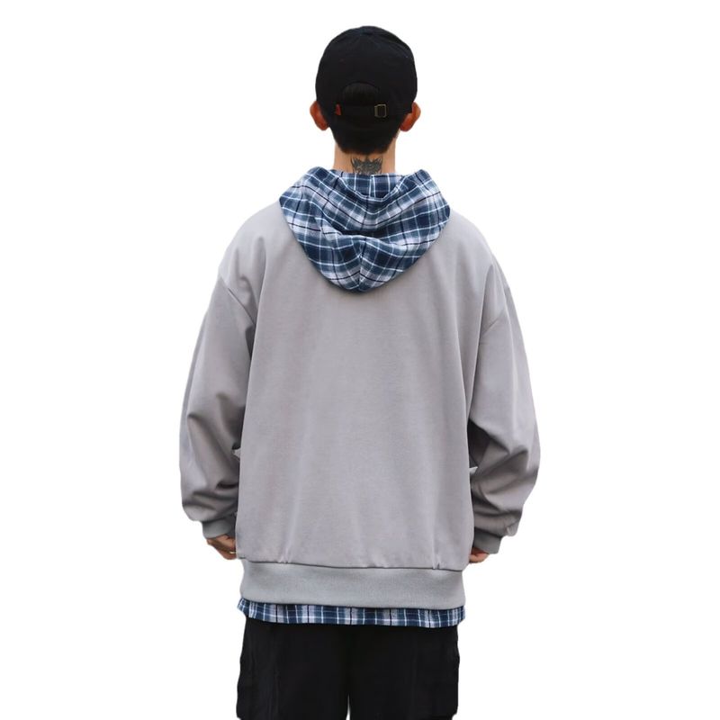 Felpa con cappuccio retrò a quadri per uomo in primavera e autunno, nuova tendenza giacca patchwork casual ampia e versatile per coppie_voghion.com