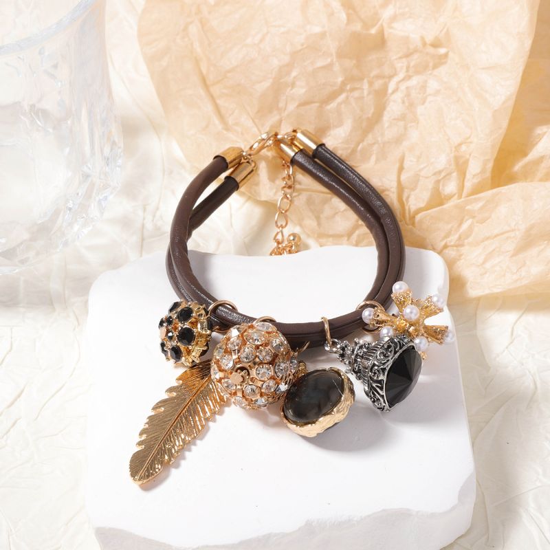 ZA Exquisite Fashion Design Double Layer Alloy Inlaid Zircon Geometric Sphere Leaf Pendant Women's Casual Bracelet_voghion.com