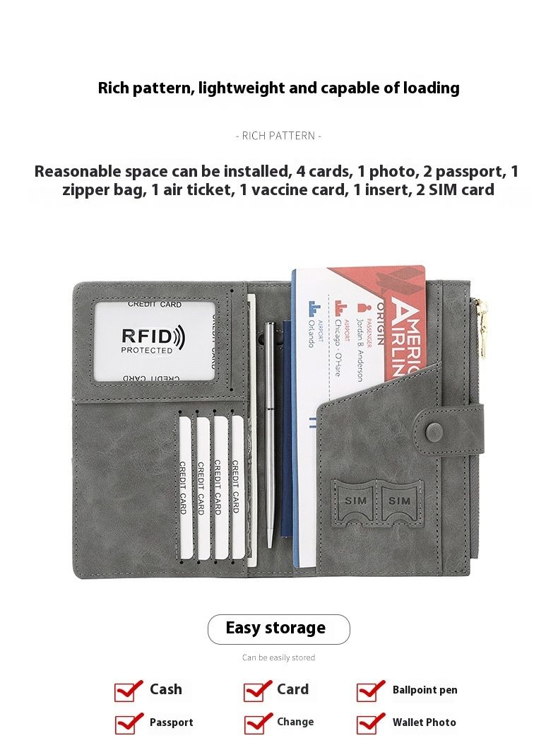 Uusi varkaudenestoharja RFID-passin pidike vetoketjullisella soljella, passin suojus, asiakirjapidike, monitoiminen matkapassilaukku_voghion.com
