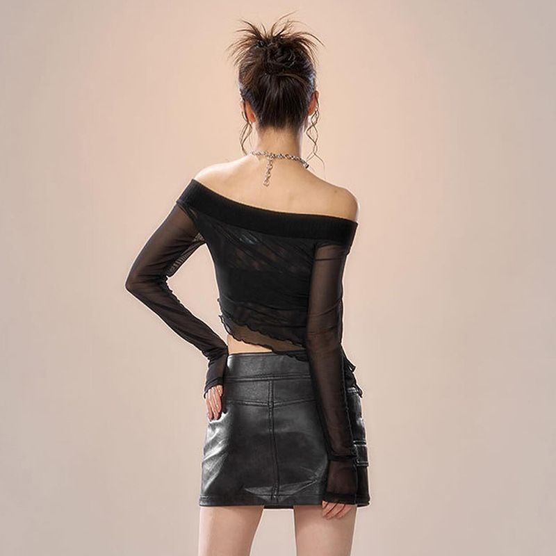 Q23TP745 American Pure Desire Irregular Design One line Neck Langarm Mesh Panel Top für Damen Frühling/Sommer Neu_voghion.com