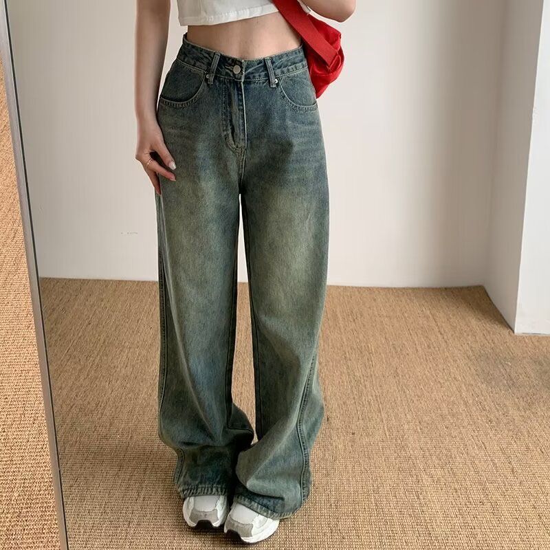 Koreanische Version der Retro-Jeans mit hoher Taille für den Sommer der Damen mit lockerer Hüftbedeckung und dünnen Hosen mit weitem Bein und gerader Wischhose Ins Tide_voghion.com