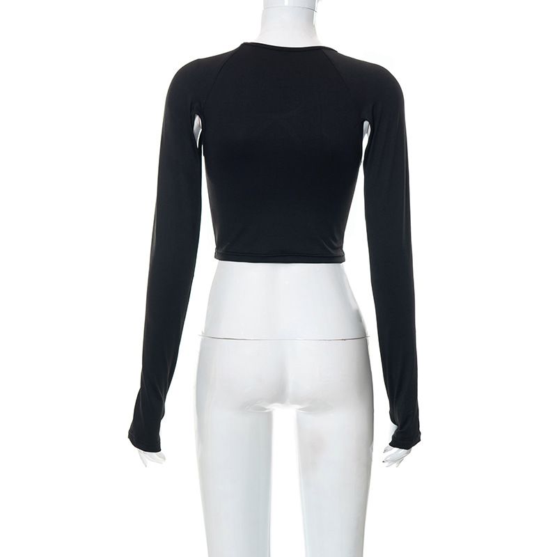 Abbigliamento da donna: nuovo top slim a maniche lunghe cavo in tinta unita con ombelico scoperto_voghion.com