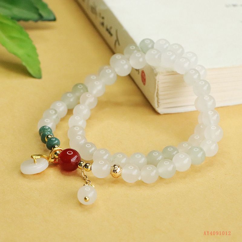 Bracciale con perline di giada e agata a doppio cerchio Aiyu Tianshan, gioielli in stile cinese AY4091012_voghion.com