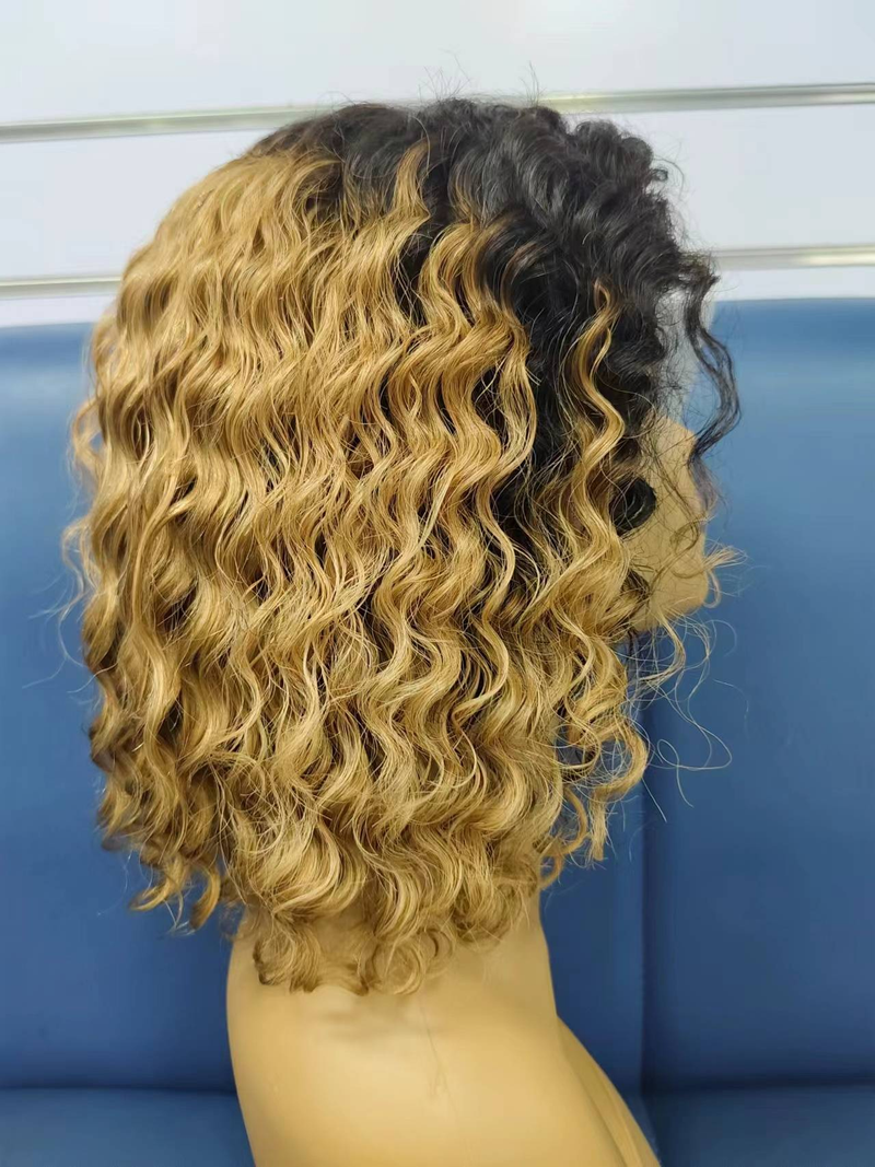 Venta caliente 1b/30 Color marrón 13x4 encaje frontal Bob peluca onda de agua Ombre marrón cabello humano 12 pulgadas Pelucas_voghion.com