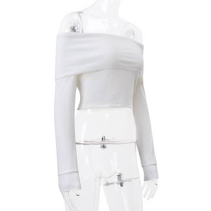 Eleganti magliette corte a coste con scollo a V, tinta unita, autunnali, attillate, a maniche lunghe, con spalle scoperte, francesi, delicate, attillate_voghion.com