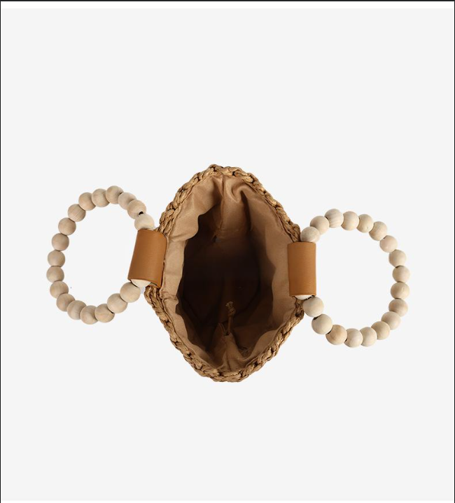 Borsa da donna, piccola borsa a mano in paglia intrecciata, borsa da spiaggia in stile vacanza, borsa da donna versatile, con perline di legno fresche._voghion.com