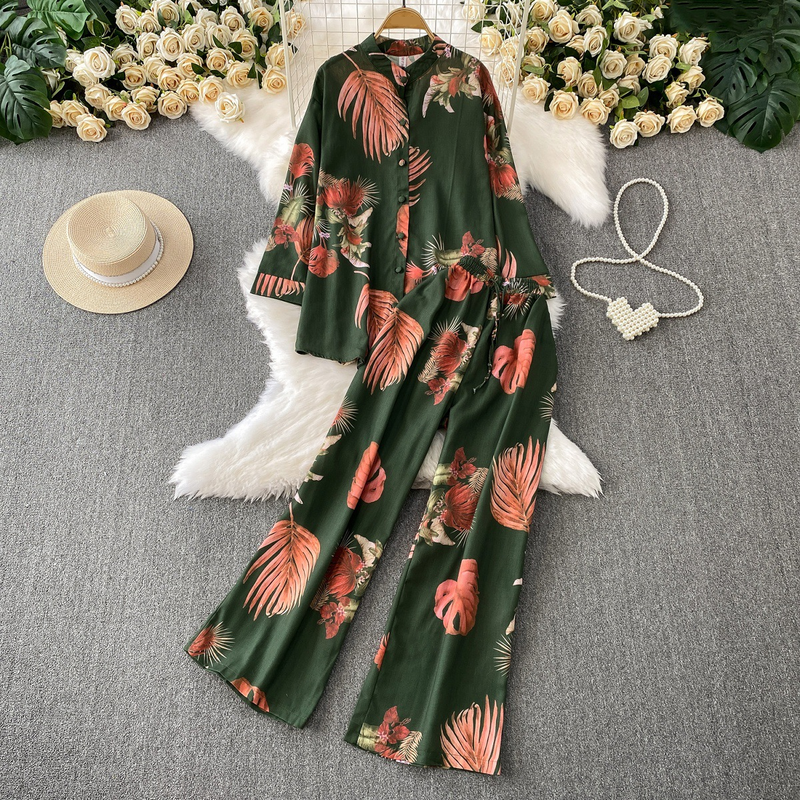 Damenbekleidung Retro Einreihiger Stehkragen Langarmhemd Design Bedruckte Jacke Zweiteiliger Anzug Hohe Taille Schlanke Hose mit weitem Bein_voghion.com