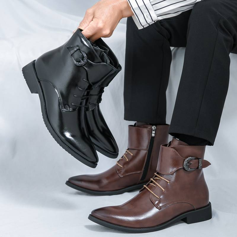 New Fashion Brown Retro Chelsea Boots Men's Pointed Toe Suit Martin Boots British Crocodile Pattern Business Men's Boots Leather Short Boots_voghion.com