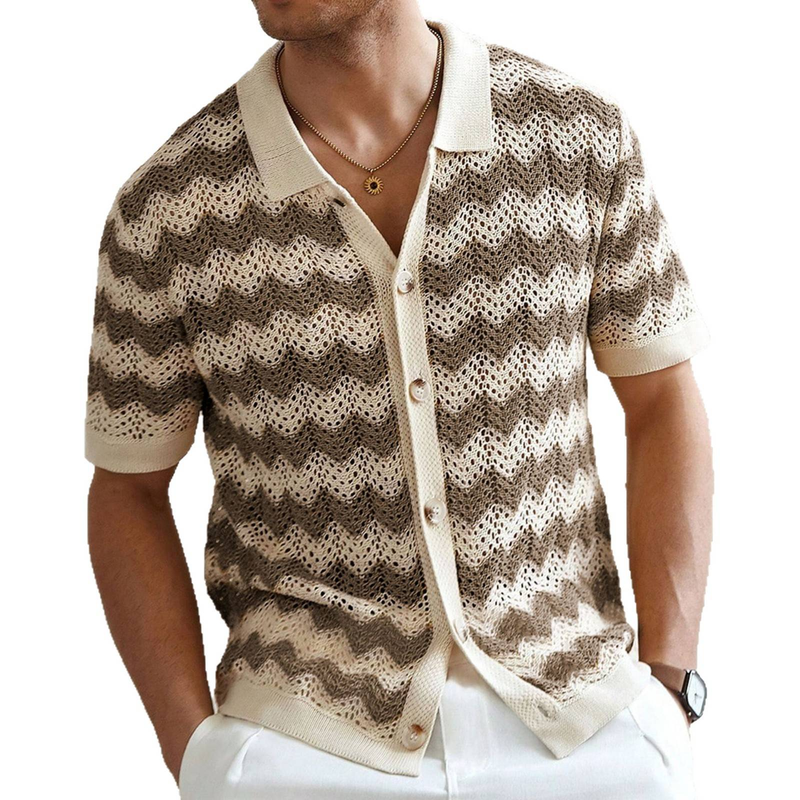 Men's Lightweight Knit Cardigan With Lace Jacquard Pattern, Summer Short Sleeve Open Front Shirt, Breathable & Stylish Casual Wear_voghion.com