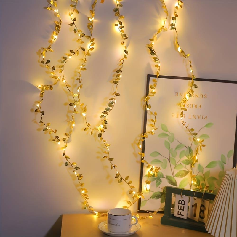 3pcs 20 LED Golden Foil Leaf Garland Lights-2m/6.56ft Battery-Powered Twinkling String Lights For Christmas & Party Decor,Bedroom, Living Room, Office_voghion.com
