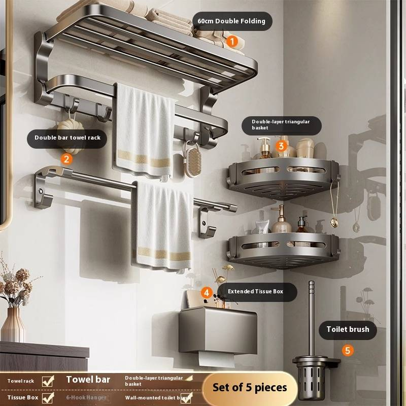 No Drill Space Aluminum Bathroom Towel Rack Set, Foldable Wall Mounted Modern Bathroom Organizer With Rust-Resistant Coating_voghion.com
