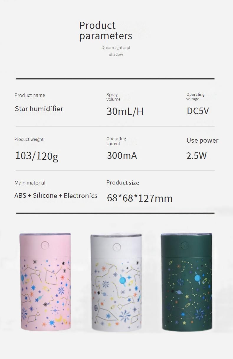 Umidificador Projetor Starry Night - Mini Umidificador USB Portátil para Carro com Luz Noturna, Operação Silenciosa, Recarregável, Para Casa e Viagens_voghion.com