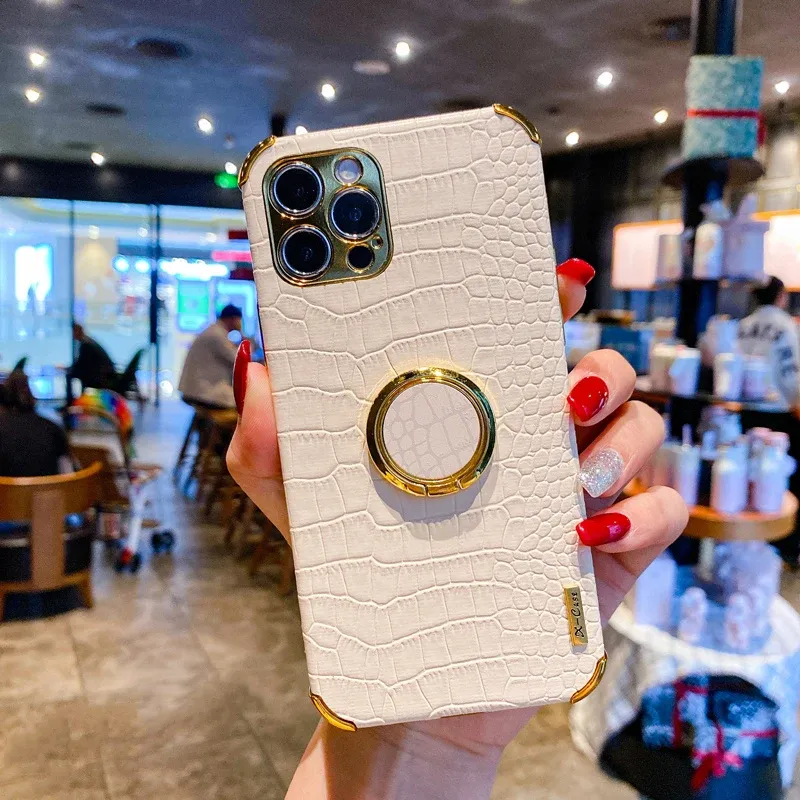Plating Crocodile Texture Phone Case For IPhone 15 Plus 11 12 13 14 Pro XR X XS Max 8 7Plus 4G 5G Magnetic Finger Ring_voghion.com