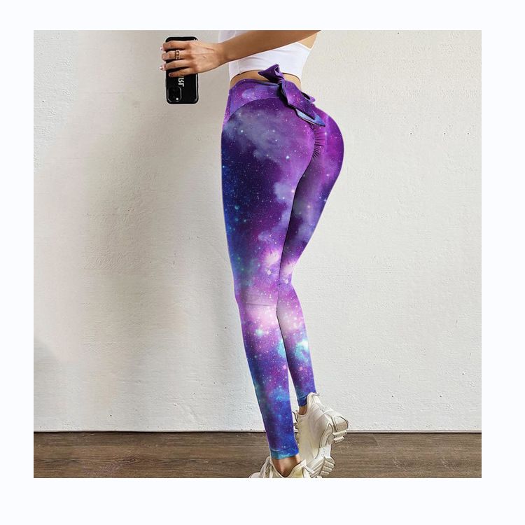 Pantaloni da yoga da yoga da donna con stampa multicolore antirughe sull'anca, dimagranti a vita alta, con fiocco elasticizzato_voghion.com