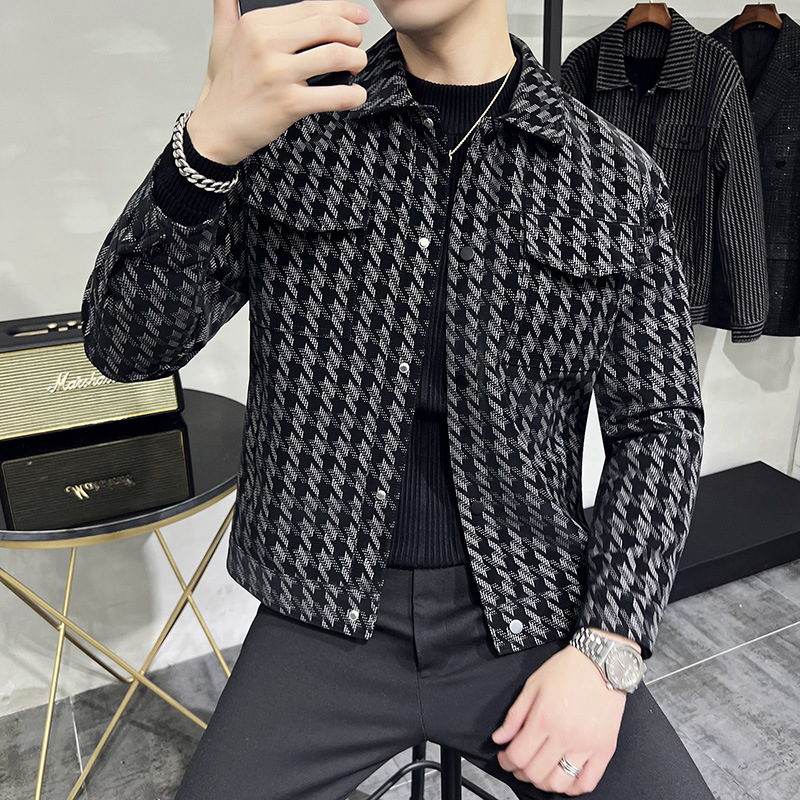 Spring Haute Couture Thousand Bird Plaid Fashionable Striped Slim Fit Leather Jacket, Business Casual Men's Top_voghion.com