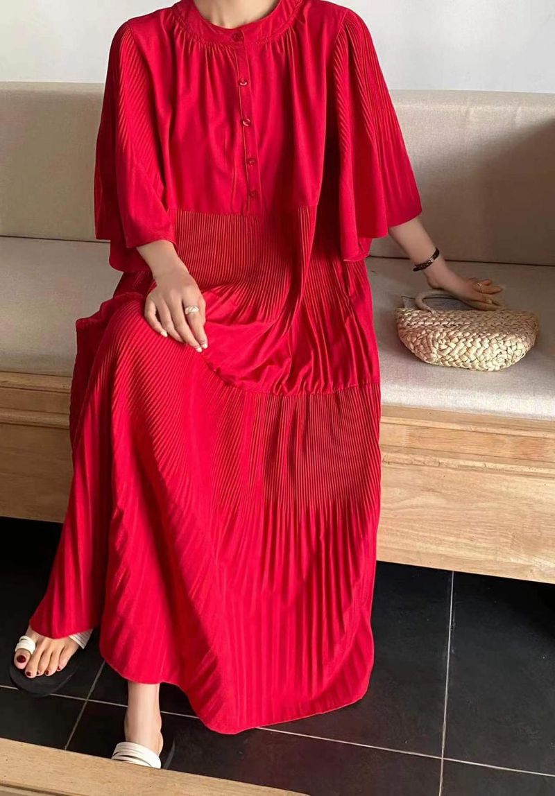 Plus Size Dress – Flowy Pleated Midi Dress With Flared Sleeves (7 Colors) | One Size Fits 8-16_voghion.com