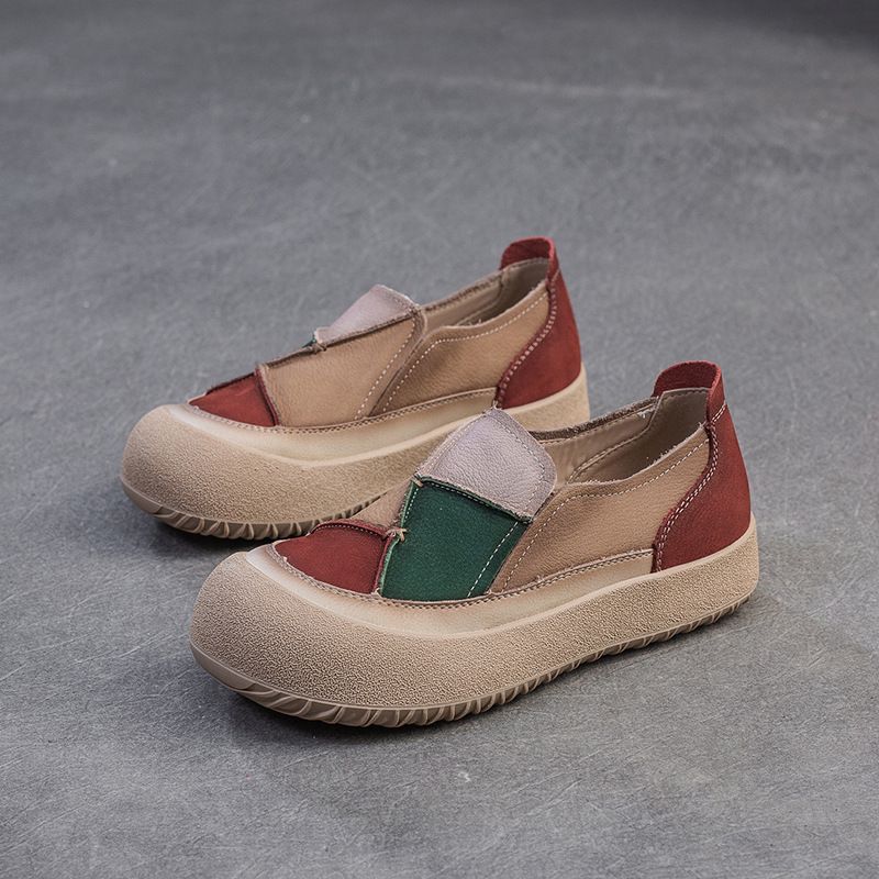 Shanghai Jiesu 2025 Frühling Neue Farbblock-Patch-Zehenschicht Rindsleder Bequeme Slip-On-Casual-Damenschuhe_voghion.com