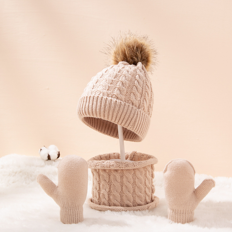 Baby clothing wool monochrome twist warm children's hat scarf gloves two or three sets_voghion.com