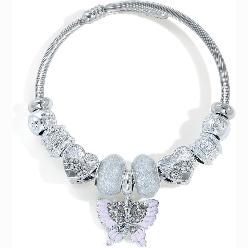 Nuovo bracciale in acciaio inossidabile Pan Family Style Series con micro perline di vetro intarsiate a forma di cuore, anello aperto fai da te_voghion.com