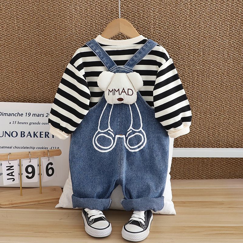 Gestreifter langärmeliger Jeans-Overall für Jungen im Herbst 2024, Neuware, zweiteiliger Baby-Overall mit dreidimensionalem Cartoon-Muster_voghion.com