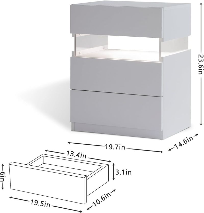 LED Nachttisch Mit 3 Schubladen Und Acrylbrett, Beistelltisch Für Schlafzimmer, Weiß_voghion.com