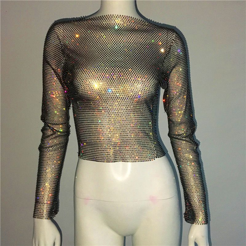 Maglietta da pesca con strass, a maniche lunghe, girocollo, leggera e di lusso, da donna, con look scintillante, alla moda e di tendenza._voghion.com