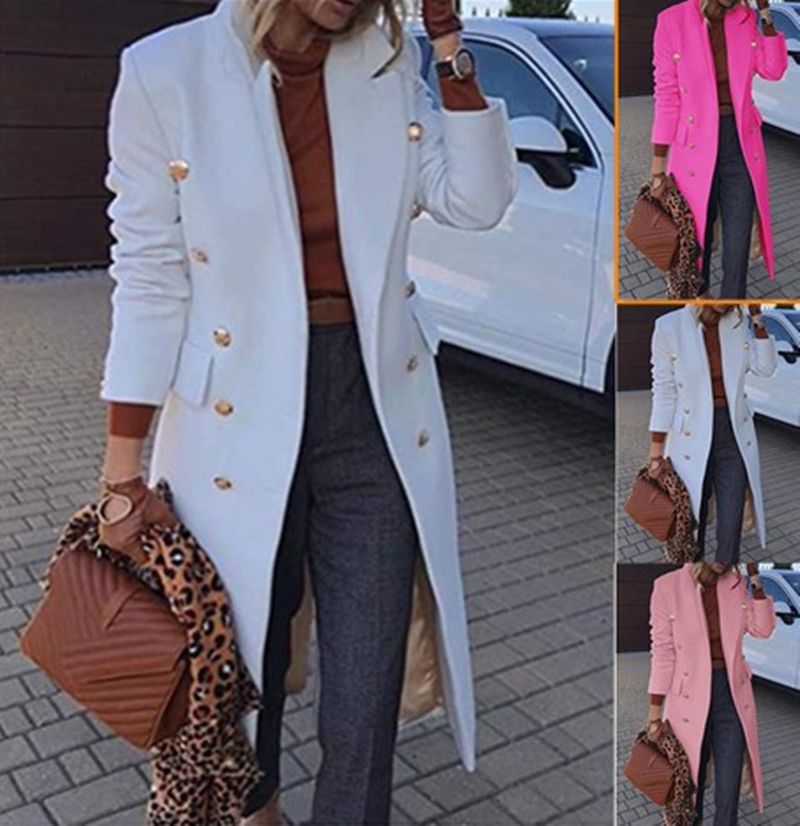Elegant Double-Breasted Wool Blend Coat For Women - Mid-Length Trench Coat With Notched Lapel, Slim Fit, Available In Rose Pink, White, Pink & Khaki_voghion.com