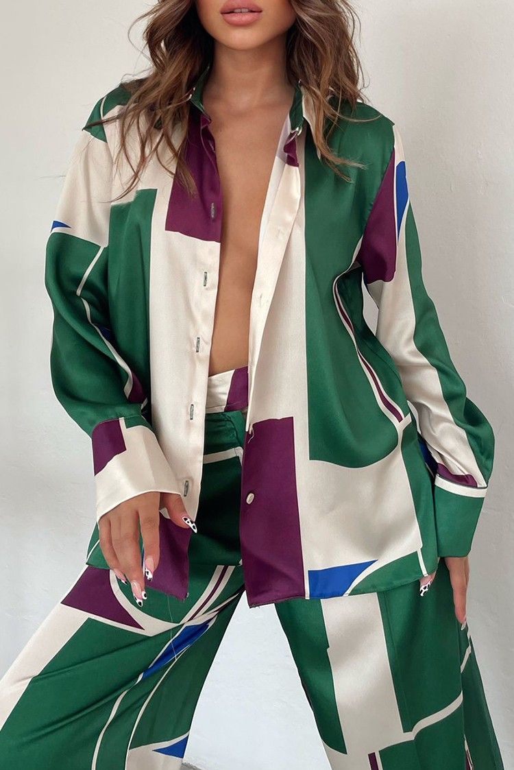 Abbigliamento da donna stampato camicia a maniche lunghe larga + pantaloni dritti_voghion.com