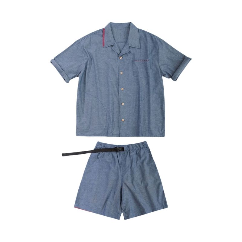 MAMINQIN Nouvel Été Lâche Col Cubain Manches Courtes Ensemble Cousu Main Coton Lin Bleu Chemise Short_voghion.com