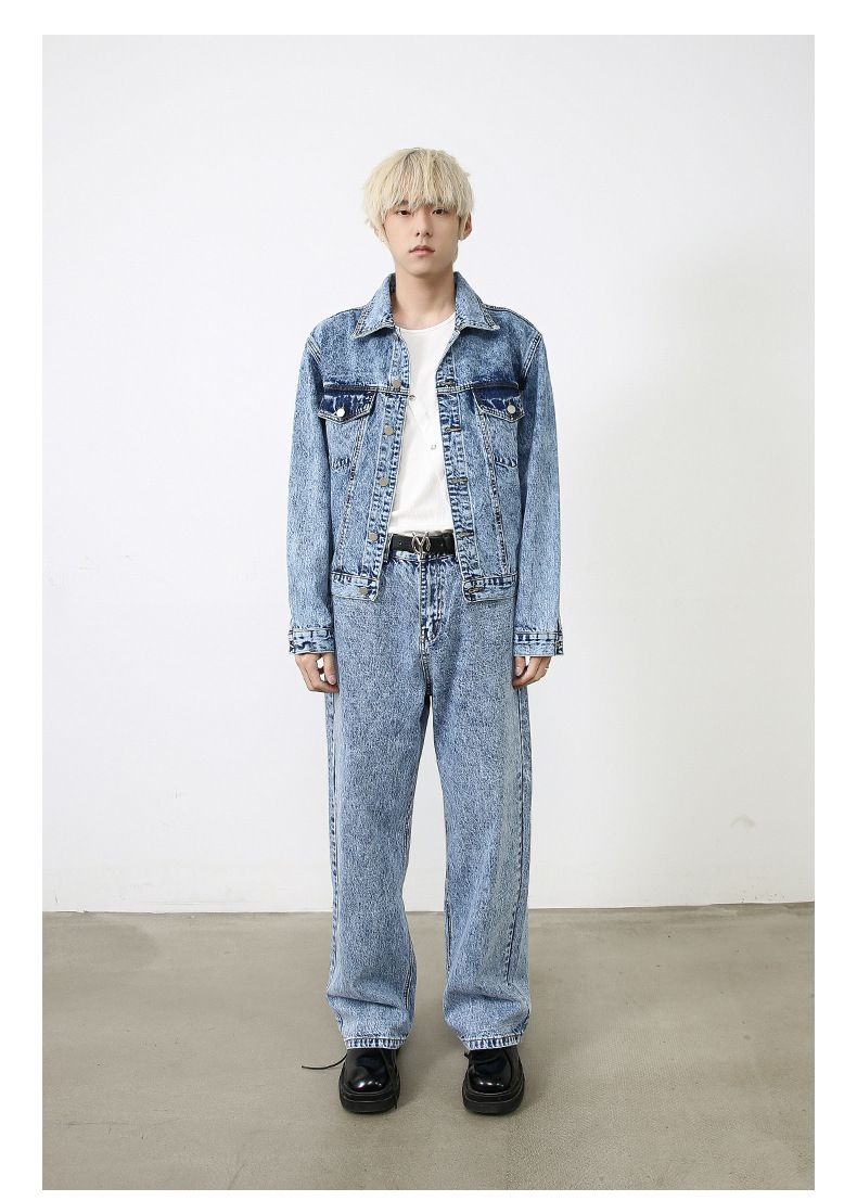Herrenbekleidung Retro Kurze Jeansjacke Herren Loose Straight Washed Blue Jeans Anzug_voghion.com