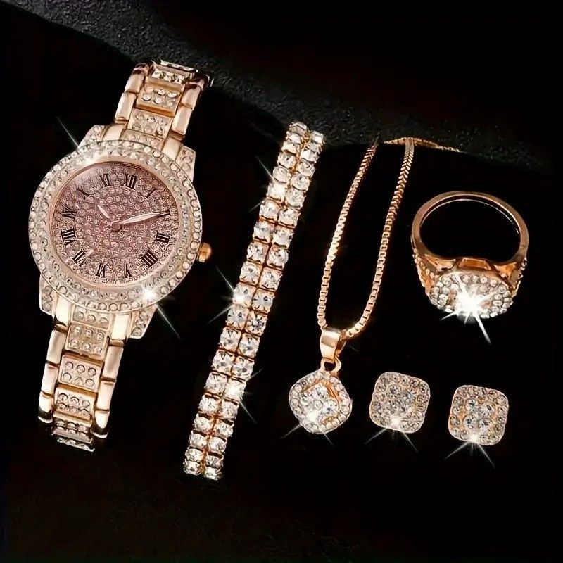 Relógios de quartzo populares da moda feminina, conjunto de relógios com padrão romano, relógio de quartzo Cornucópia, pulseira com diamantes e colar com manchas_voghion.com