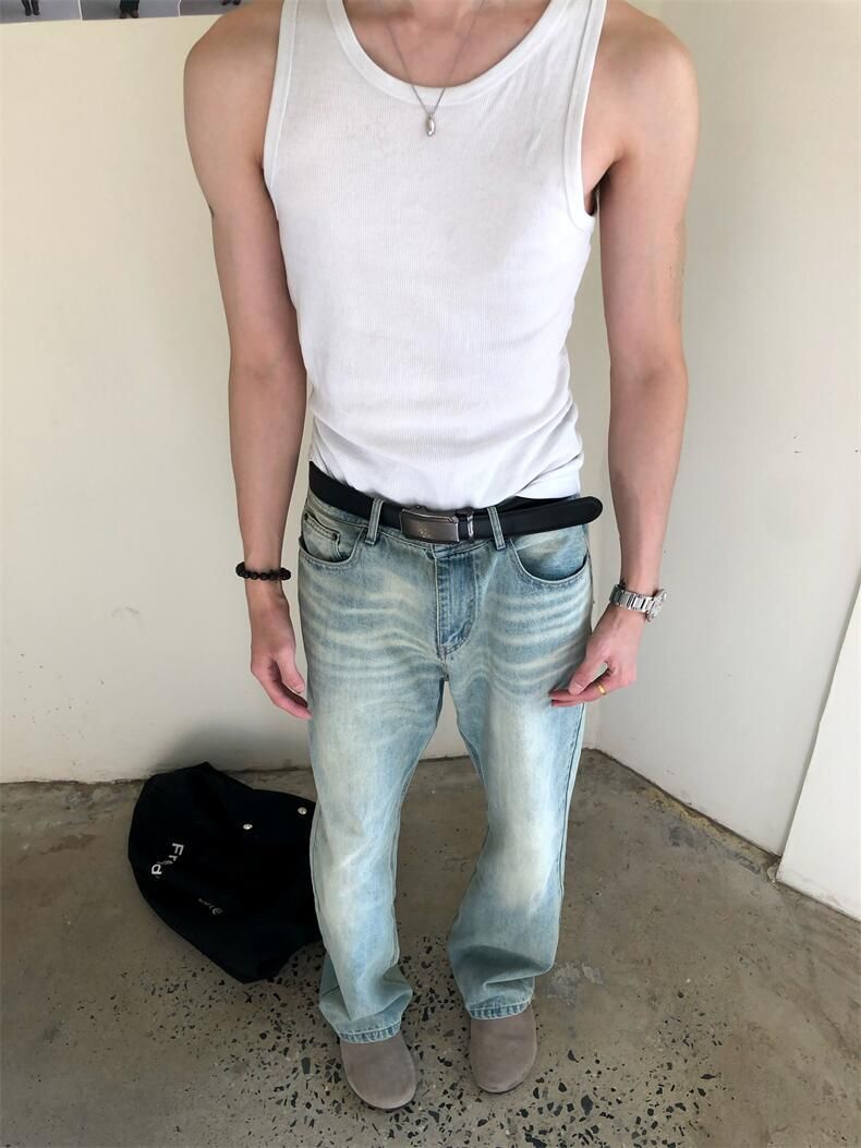 Men’s Ice Blue Distressed Jeans – Vintage Cat Whisker & Scratch Washed Denim With Flared Straight Cut (M-XXL)_voghion.com