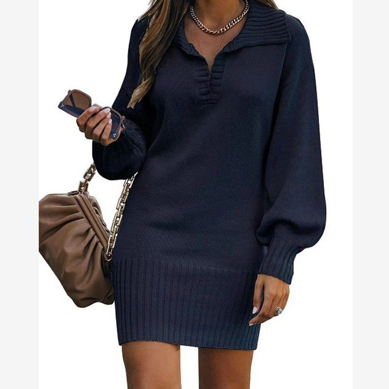 Damenbekleidung mittellanges Pulloverkleid mit Revers, Laternenärmeln, gestrickt, einfarbig, langer Rock_voghion.com