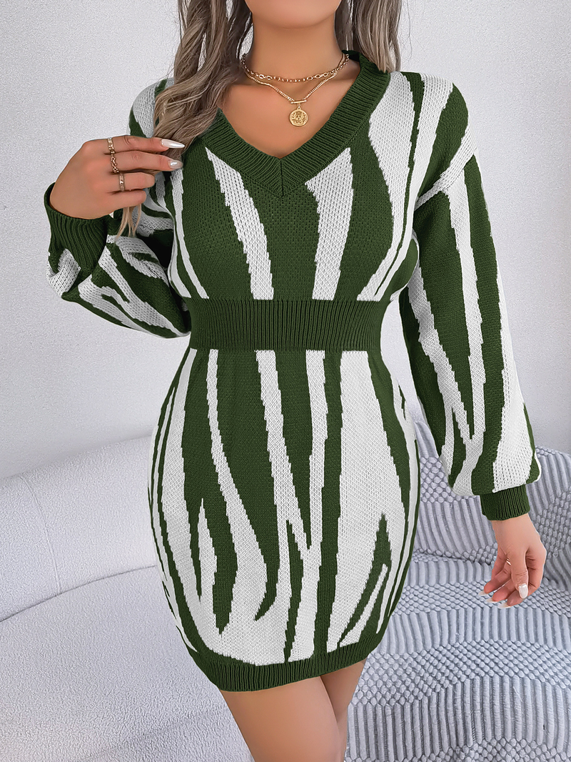 Abito maglione da donna 2024 Abito maglione casual da donna con scollo a V e maniche lunghe a contrasto_voghion.com