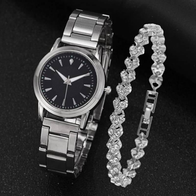 Damenarmbanduhren Neue silberne leuchtende Stahlgürtel-Damenuhr Einfache kleine Mode Damenuhren-Set_voghion.com