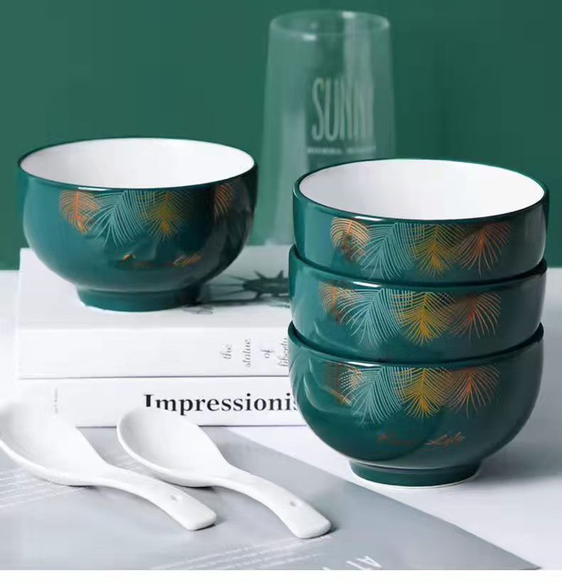 Golden Feather 4.5-inch Ceramic Bowls Set Of 6, Green Porcelain Soup Bowls For Kitchen, Elegant Tableware, Microwave & Dishwasher Safe_voghion.com