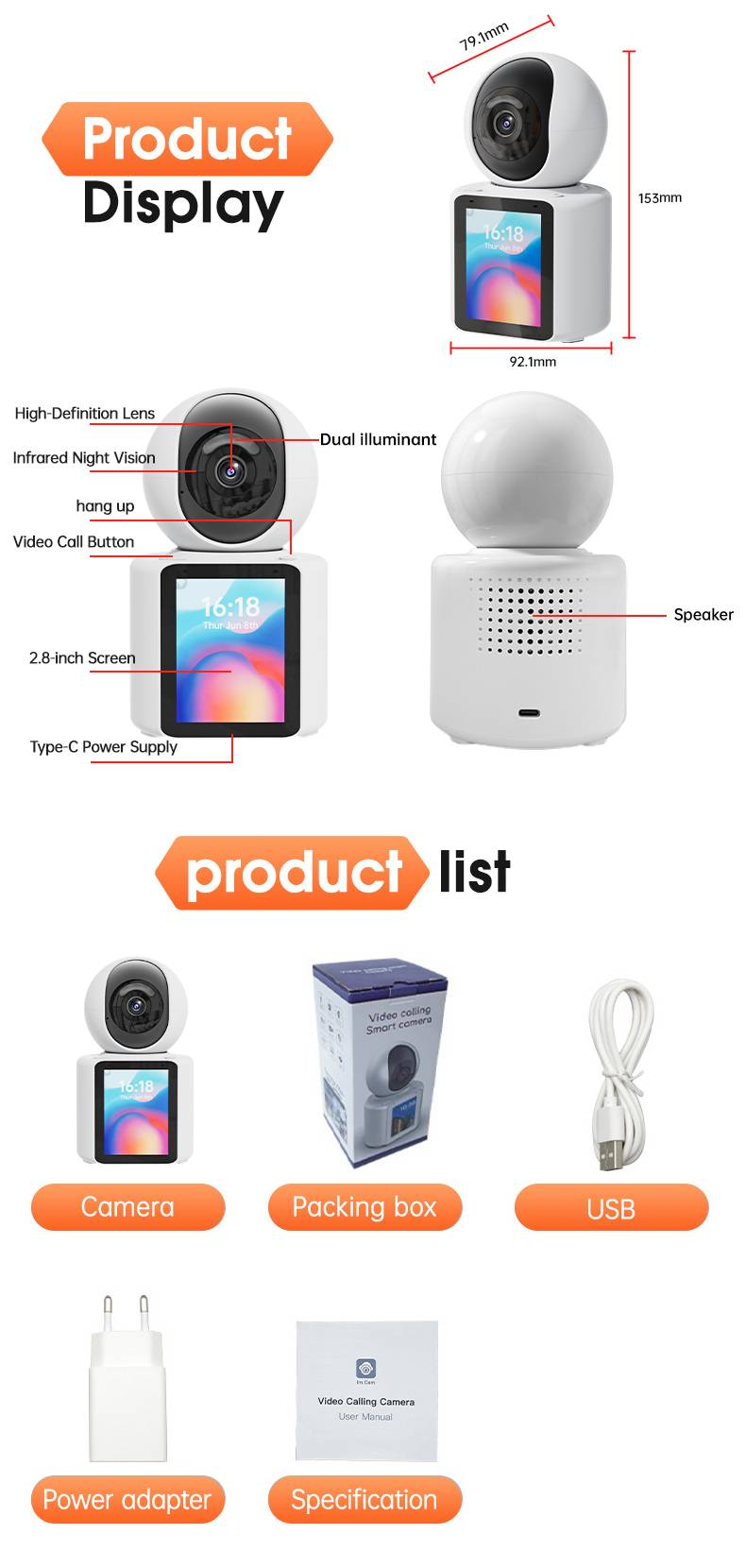 Smart Surveillance Camera With Visual Two-way Video Call, One-touch Call, Screen-equipped Home Baby Monitor_voghion.com