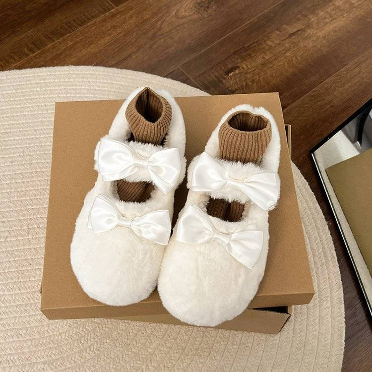 Nuove scarpe da donna autunno/inverno 2025.1 con doppio fiocco e scarpe in cotone felpato, senza calzini_voghion.com
