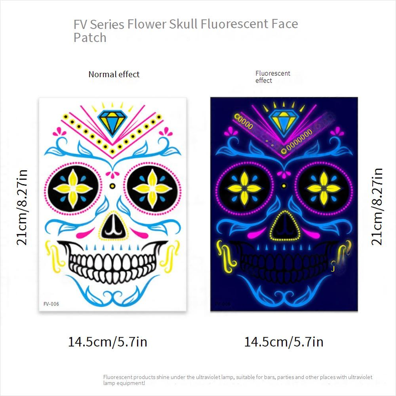 Halloween Temporary Tattoos Stickers - Glow In The Dark Day Of The Dead Face & Body Art For Party, Scary Makeup, Costume Accessories (8-Piece Set)_voghion.com