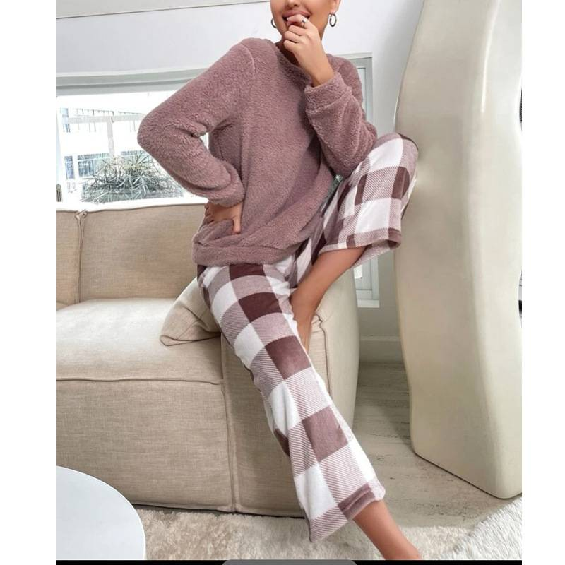 Damen-Nachtwäsche, gemütliches Fleece-Pyjama-Set, warm, kariert, lange Hose, Loungewear für Zuhause, weiches Korallenvlies_voghion.com