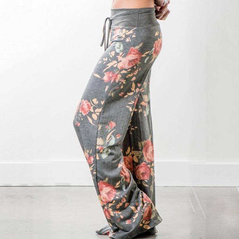 Plus Size Floral Print High Rise Drawstring Long Pants, Women's Plus Slight Stretch Loose Casual Pants_voghion.com