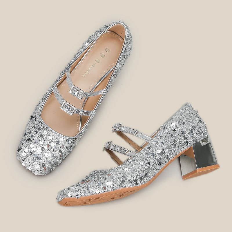 H923-1 Scarpe col tacco alto da donna, estive, di alta qualità, nuove, perle, Mary Jane, argento, splendide scarpe singole da donna_voghion.com