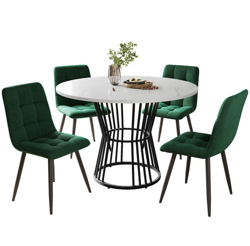 Set 5-teiliges Esstisch, Ronder Tisch (Ø100 Cm) Mit Schwarzen Beinen, Weiße Platte, 4 Grüne Samtstühle_voghion.com